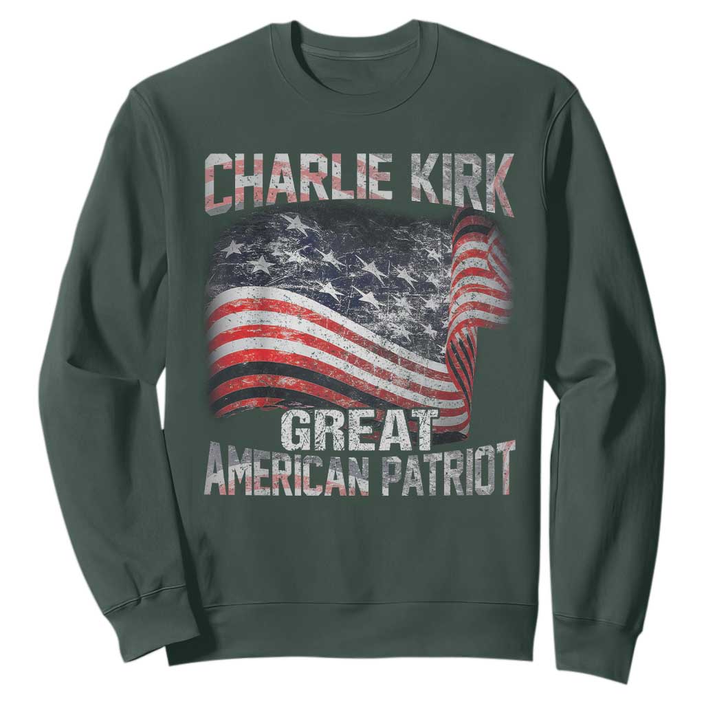 Charlie Kirk Sweatshirt Great American Patriot American Flag TS11 Dark Forest Green Print Your Wear