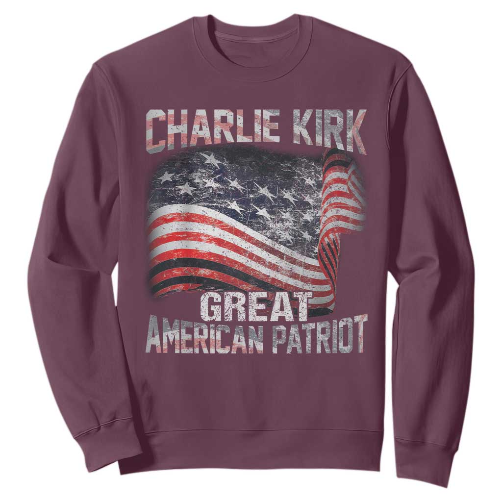 Charlie Kirk Sweatshirt Great American Patriot American Flag TS11 Maroon Print Your Wear