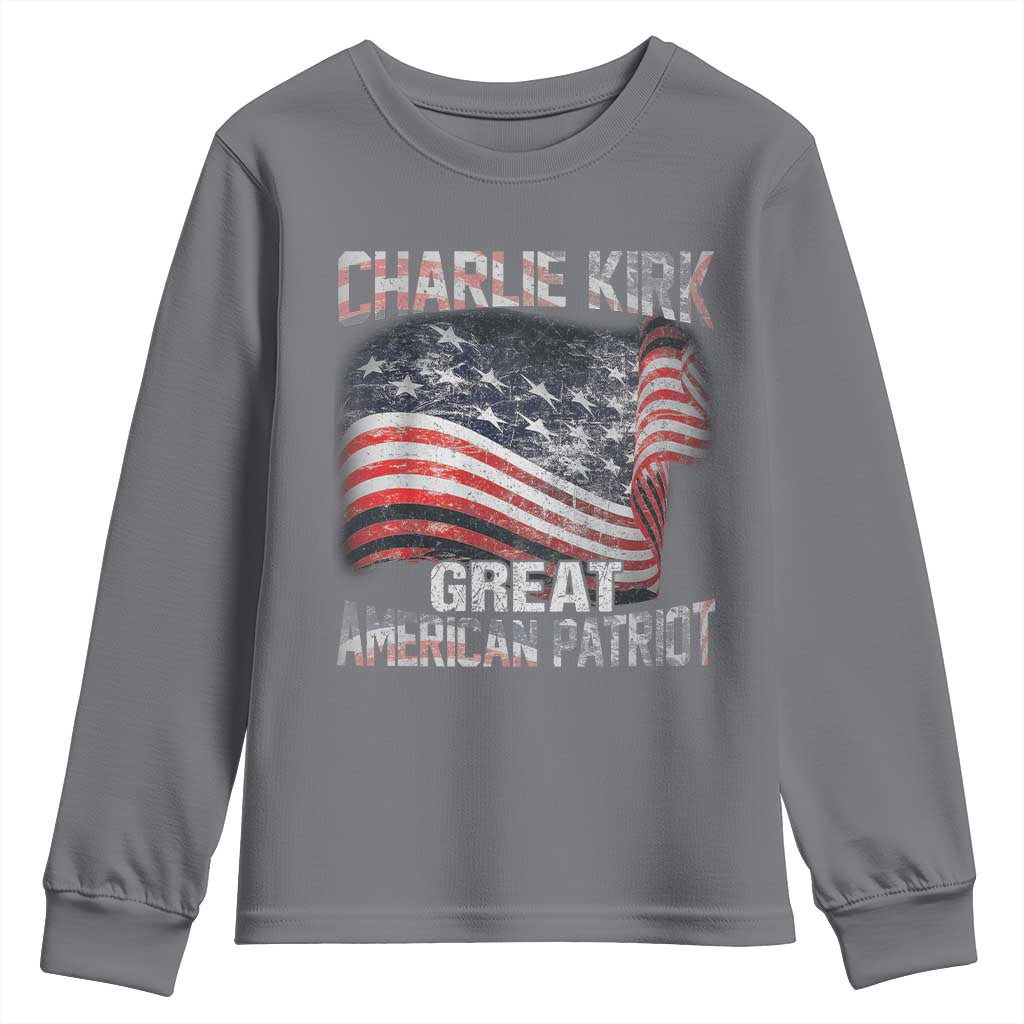 Charlie Kirk Youth Sweatshirt Great American Patriot American Flag TS11 Charcoal Print Your Wear