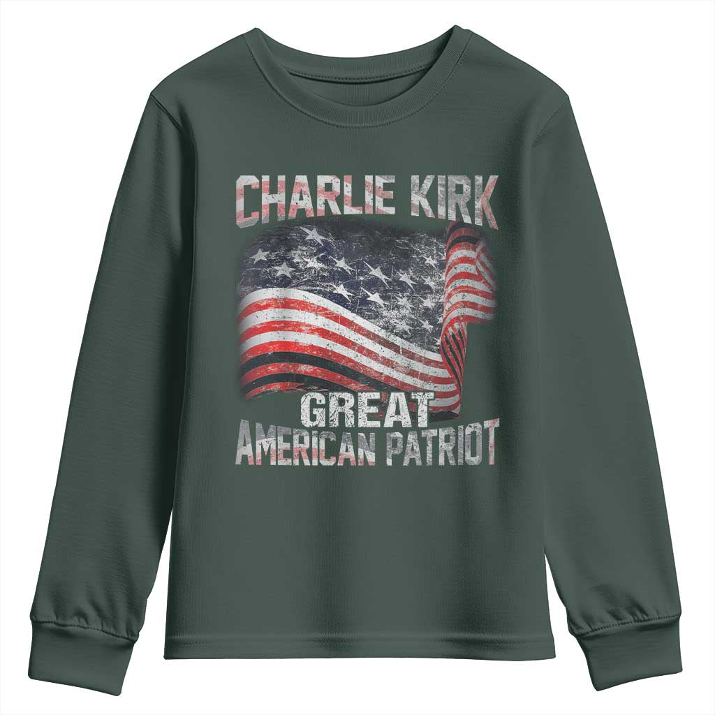 Charlie Kirk Youth Sweatshirt Great American Patriot American Flag TS11 Dark Forest Green Print Your Wear