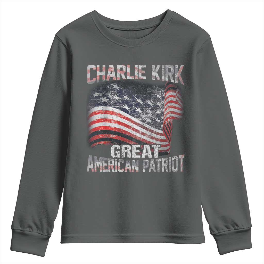 Charlie Kirk Youth Sweatshirt Great American Patriot American Flag TS11 Dark Heather Print Your Wear