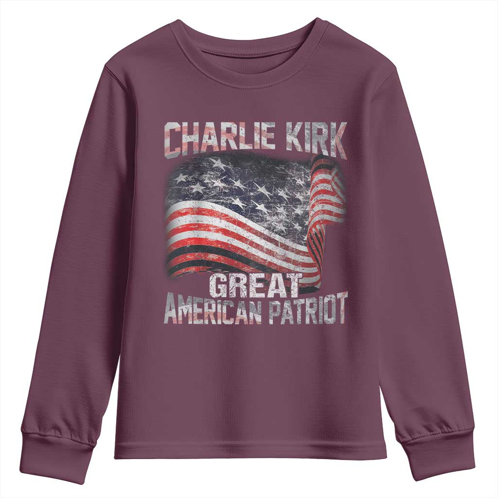 Charlie Kirk Youth Sweatshirt Great American Patriot American Flag TS11 Maroon Print Your Wear