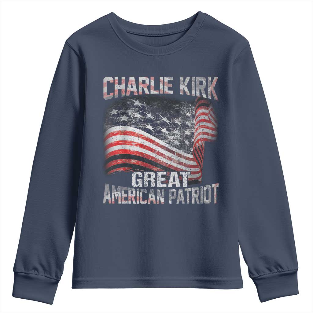 Charlie Kirk Youth Sweatshirt Great American Patriot American Flag TS11 Navy Print Your Wear