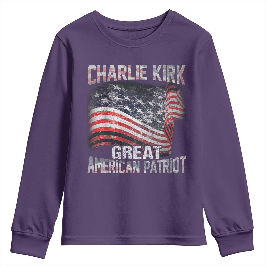 Charlie Kirk Youth Sweatshirt Great American Patriot American Flag TS11 Purple Print Your Wear