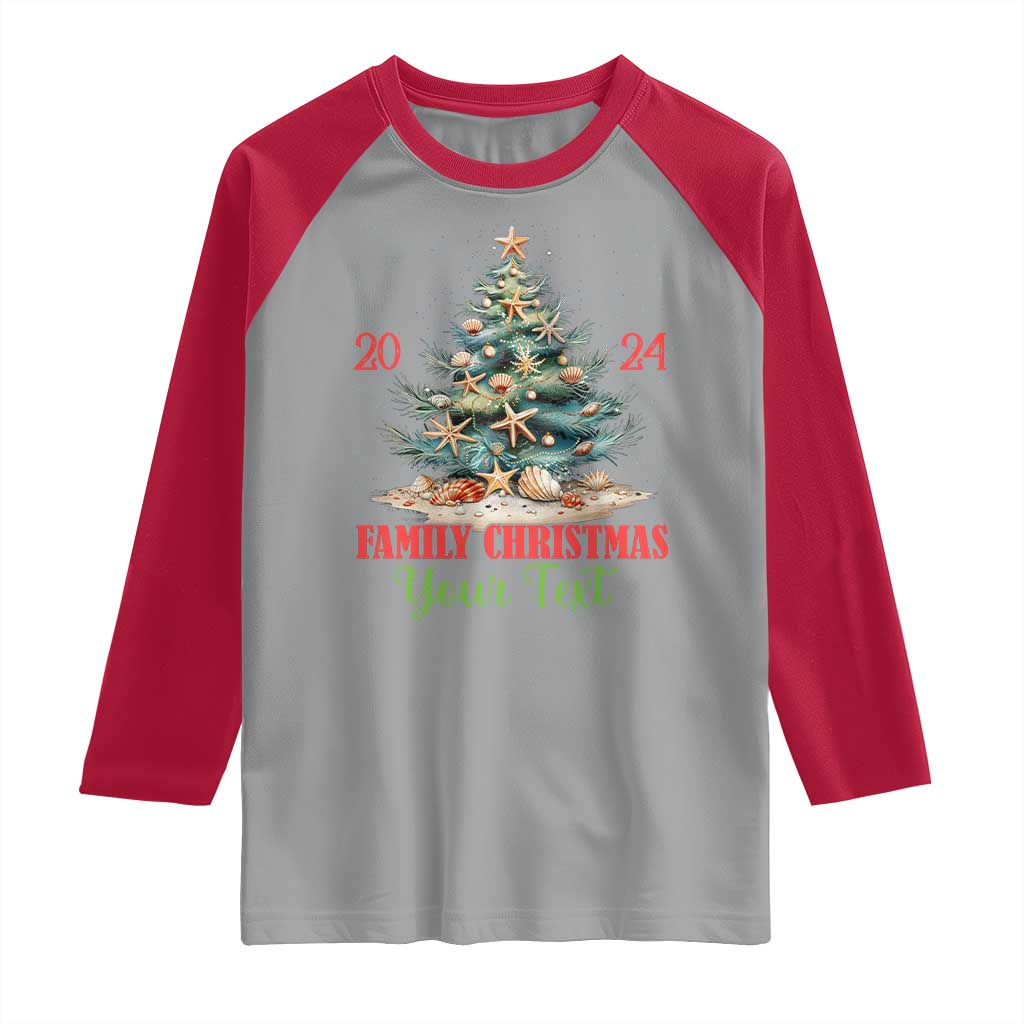 Personalized Christmas Family In Hawaii Raglan Shirt Custom Name Family Christmas 2024 Sea Christmas Tree TS11 Sport Gray Red Print Your Wear