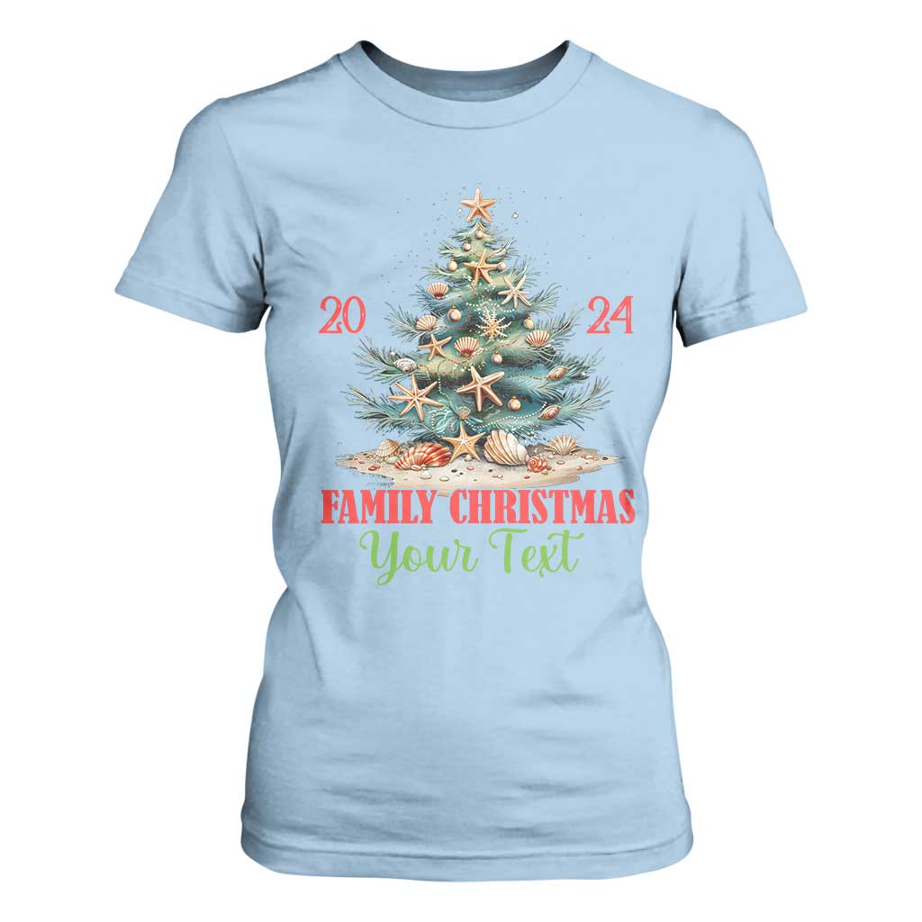 Personalized Christmas Family In Hawaii T Shirt For Women Custom Name Family Christmas 2024 Sea Christmas Tree TS11 Light Blue Print Your Wear
