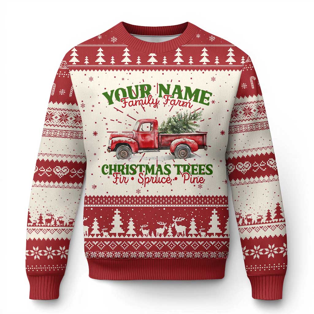 Xmas Family Ugly Christmas Sweater Custom Name Family Farm Xmas Trees Vintage Truck TS11 Red Print Your Wear