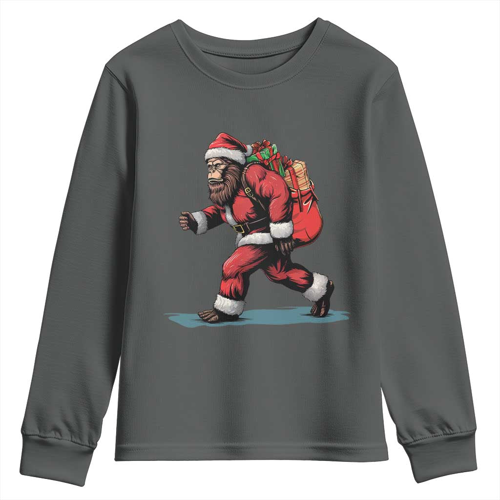 Funny Christmas Santa Bigfoot Youth Sweatshirt Xmas Sasquatch TS11 Dark Heather Print Your Wear