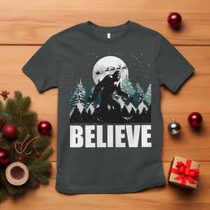 Funny Christmas Bigfoot T Shirt Believe Santa Sasquatch Snow TS11 Dark Heather Print Your Wear