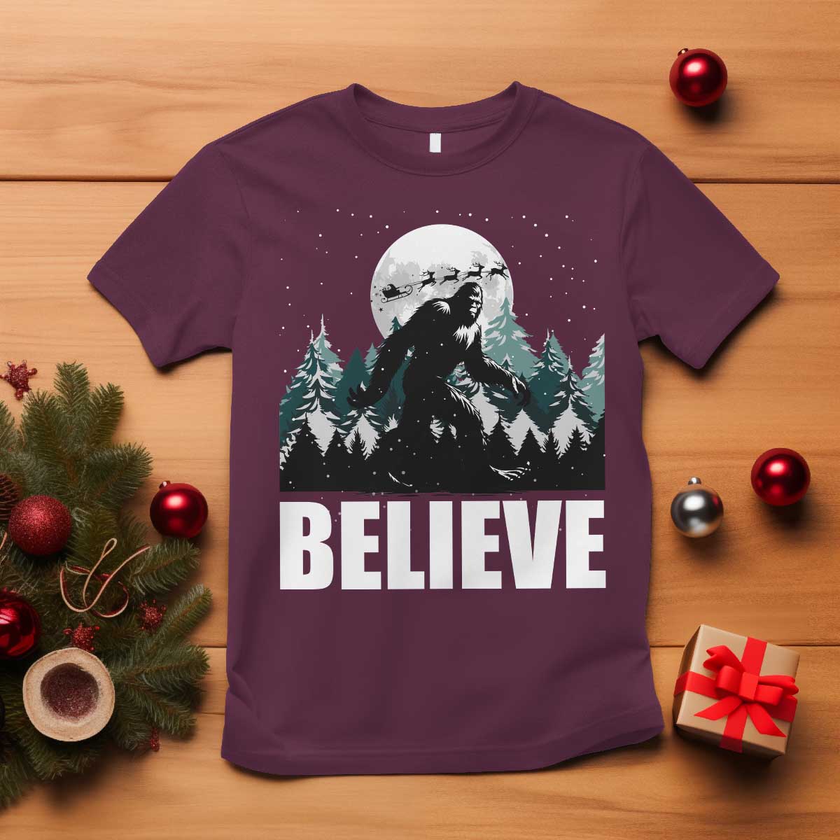 Funny Christmas Bigfoot T Shirt Believe Santa Sasquatch Snow TS11 Maroon Print Your Wear