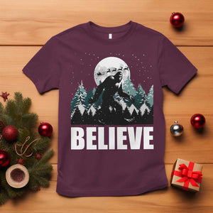 Funny Christmas Bigfoot T Shirt Believe Santa Sasquatch Snow TS11 Maroon Print Your Wear