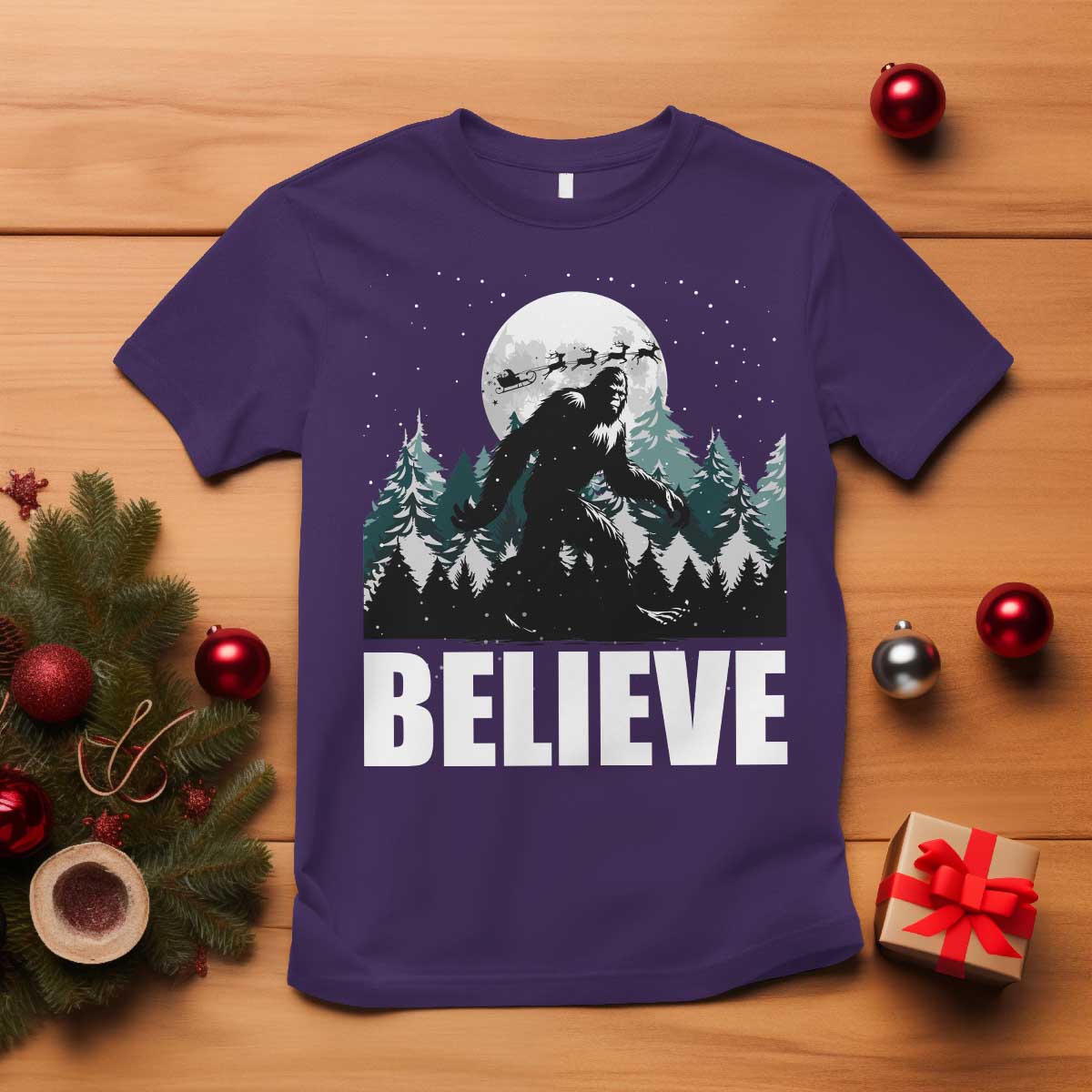 Funny Christmas Bigfoot T Shirt Believe Santa Sasquatch Snow TS11 Purple Print Your Wear