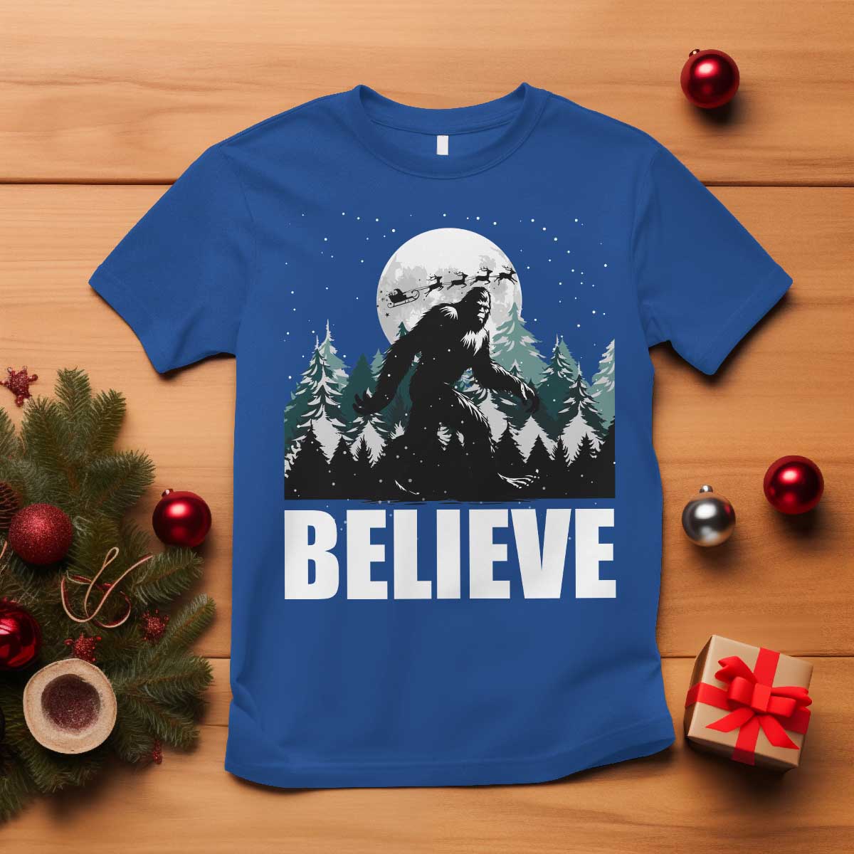 Funny Christmas Bigfoot T Shirt Believe Santa Sasquatch Snow TS11 Royal Blue Print Your Wear