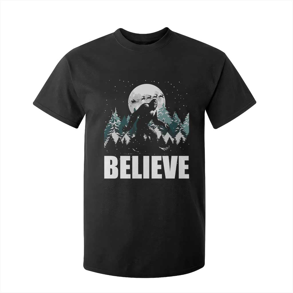 Funny Christmas Bigfoot T Shirt For Kid Believe Santa Sasquatch Snow TS11 Black Print Your Wear