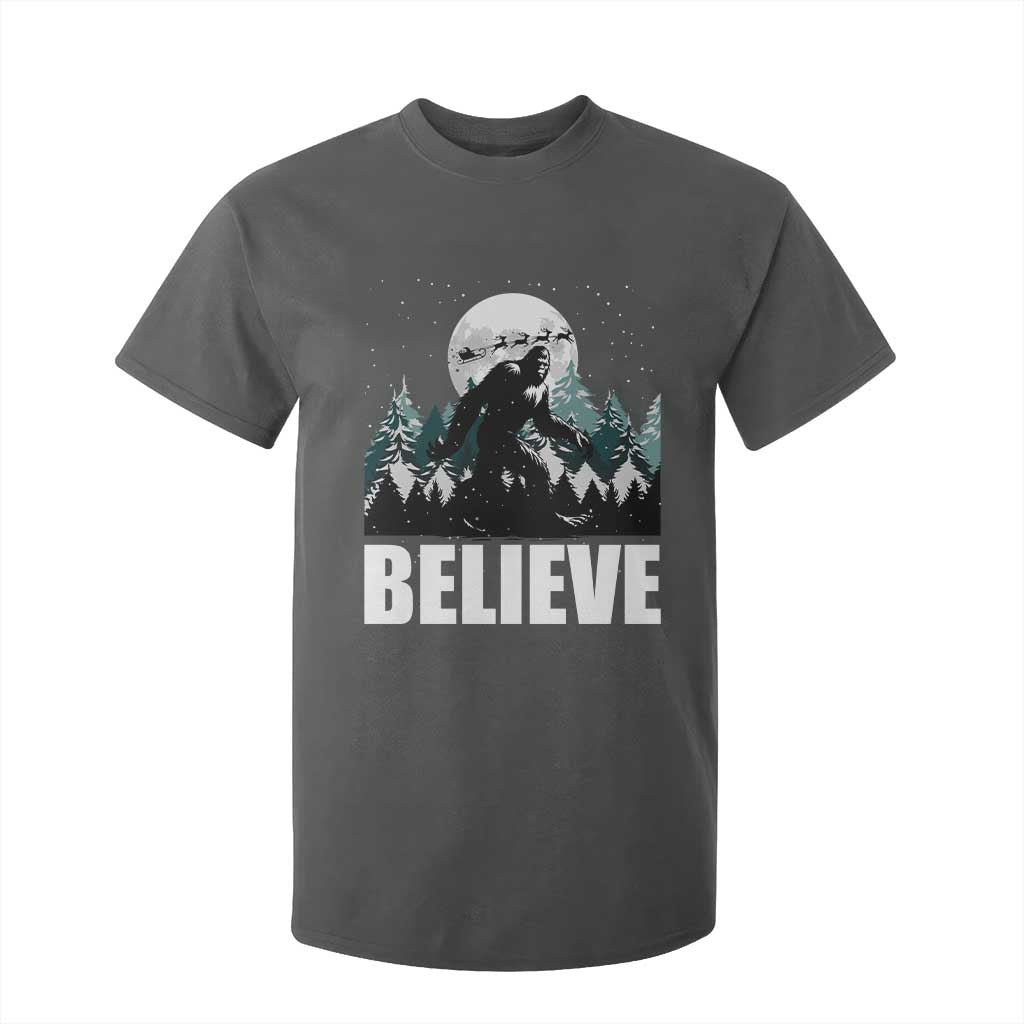 Funny Christmas Bigfoot T Shirt For Kid Believe Santa Sasquatch Snow TS11 Dark Heather Print Your Wear