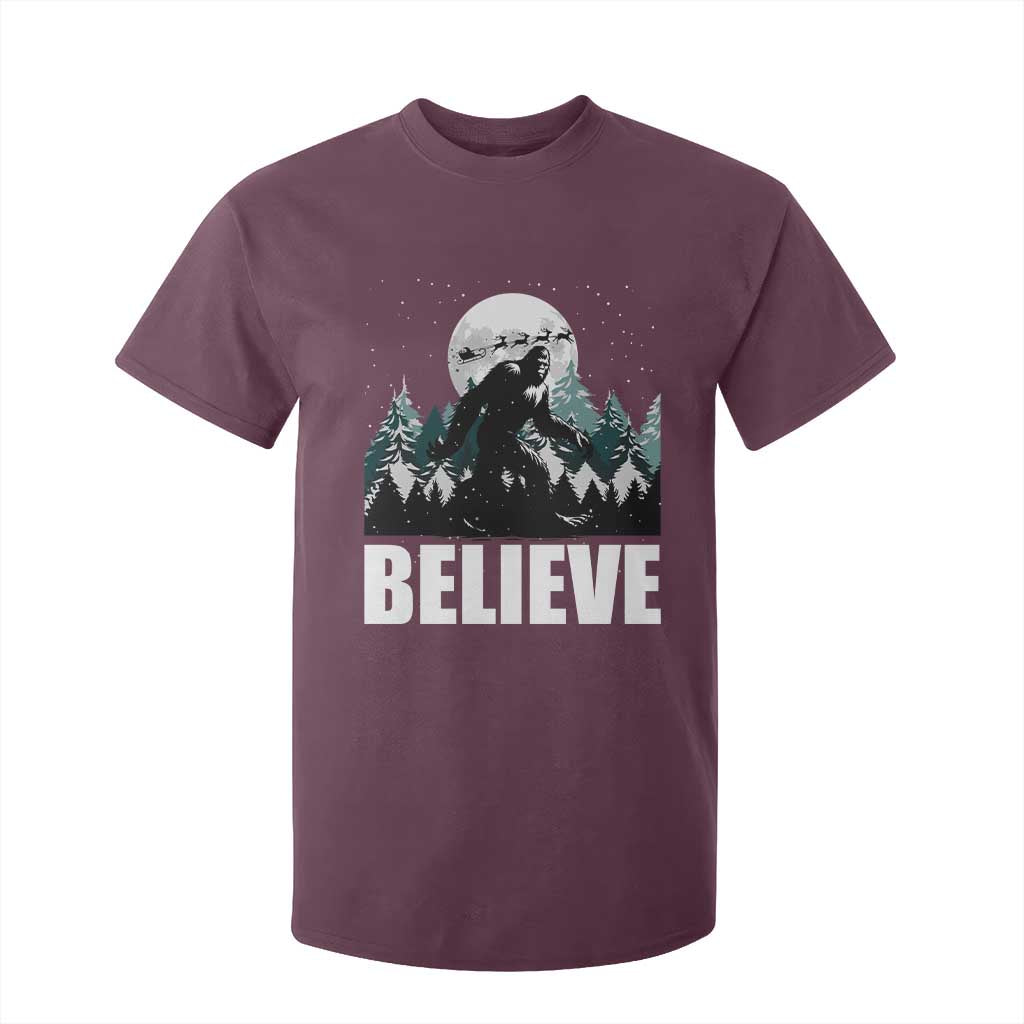 Funny Christmas Bigfoot T Shirt For Kid Believe Santa Sasquatch Snow TS11 Maroon Print Your Wear