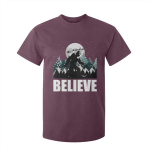 Funny Christmas Bigfoot T Shirt For Kid Believe Santa Sasquatch Snow TS11 Maroon Print Your Wear