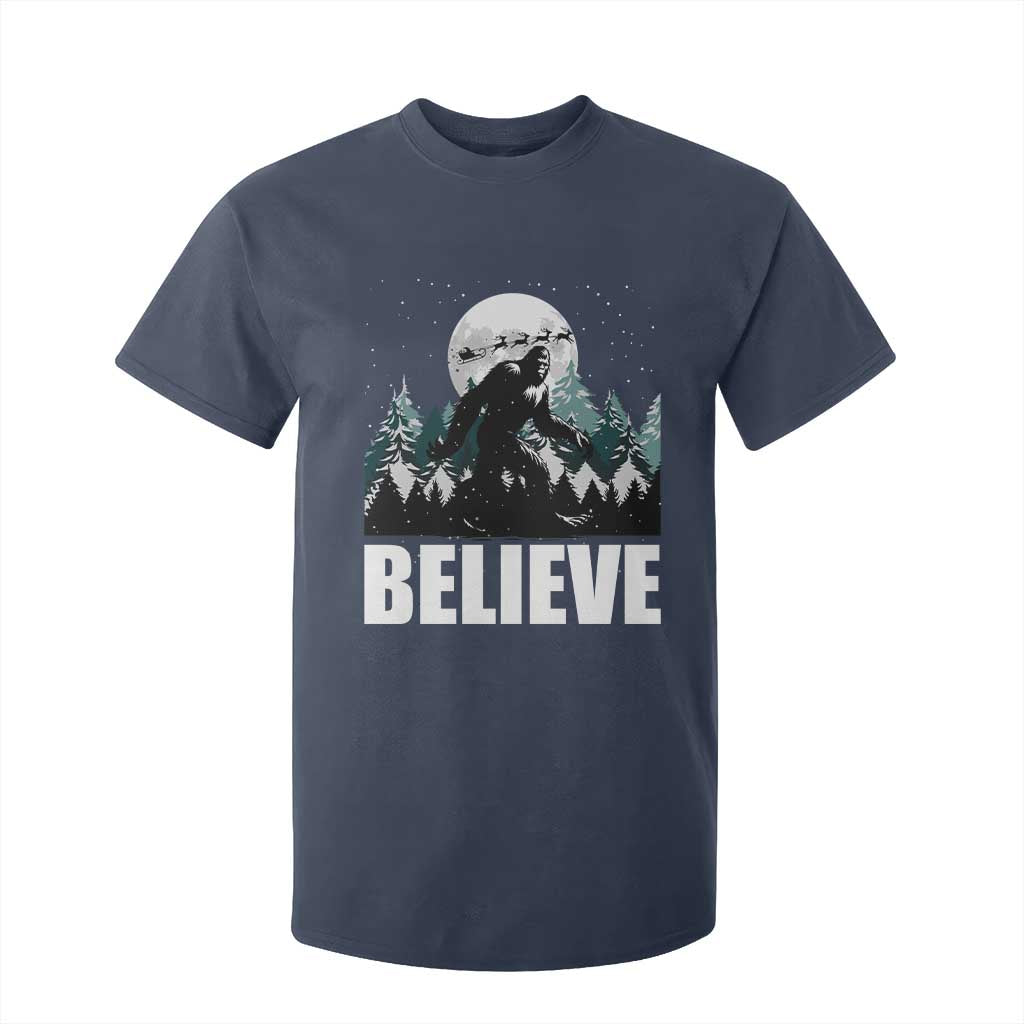 Funny Christmas Bigfoot T Shirt For Kid Believe Santa Sasquatch Snow TS11 Navy Print Your Wear