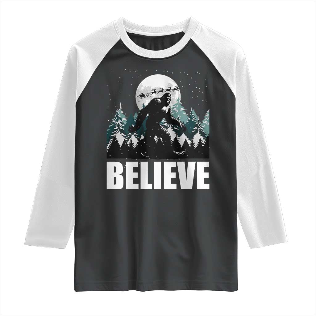 Funny Christmas Bigfoot Raglan Shirt Believe Santa Sasquatch Snow TS11 Black White Print Your Wear