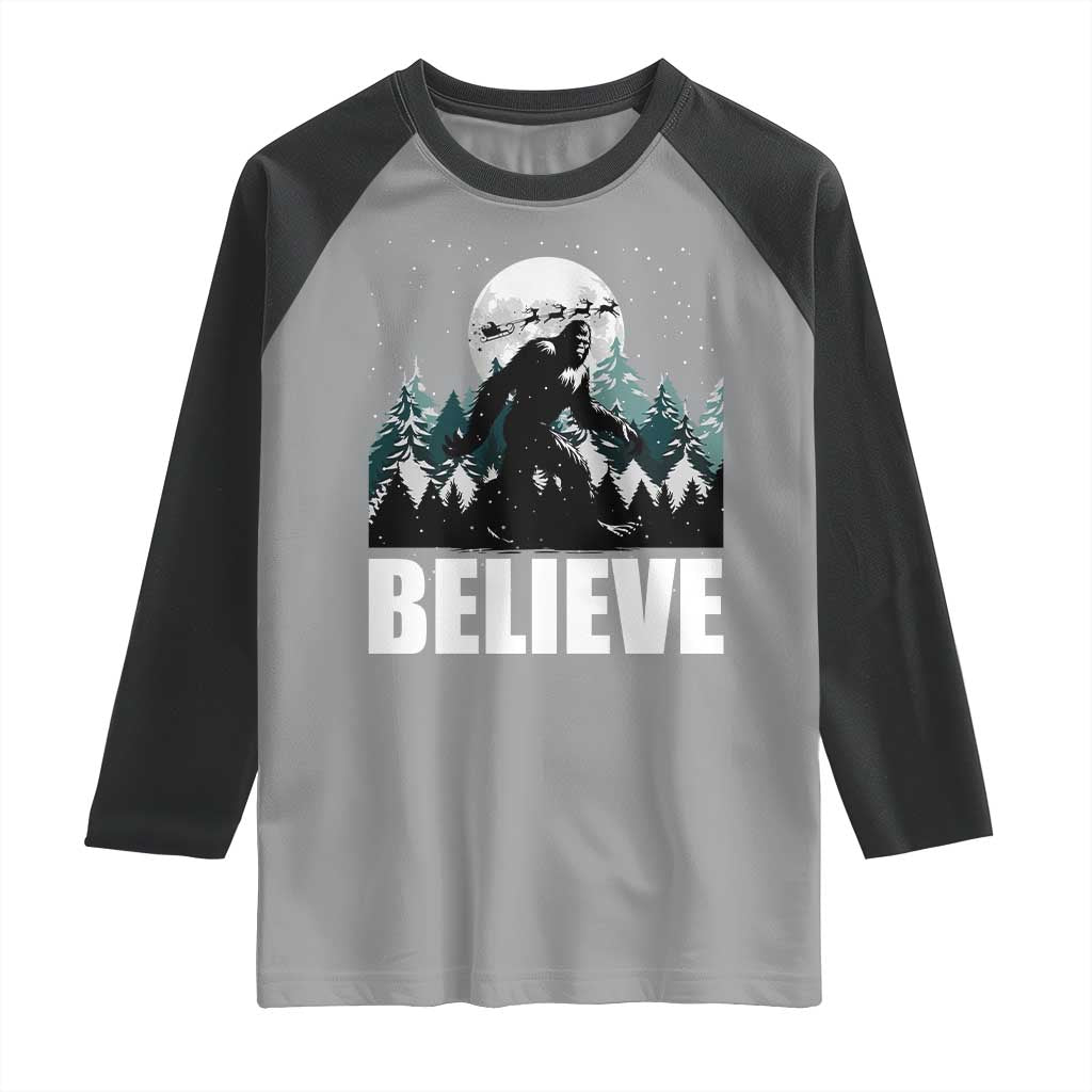 Funny Christmas Bigfoot Raglan Shirt Believe Santa Sasquatch Snow TS11 Sport Gray Black Print Your Wear