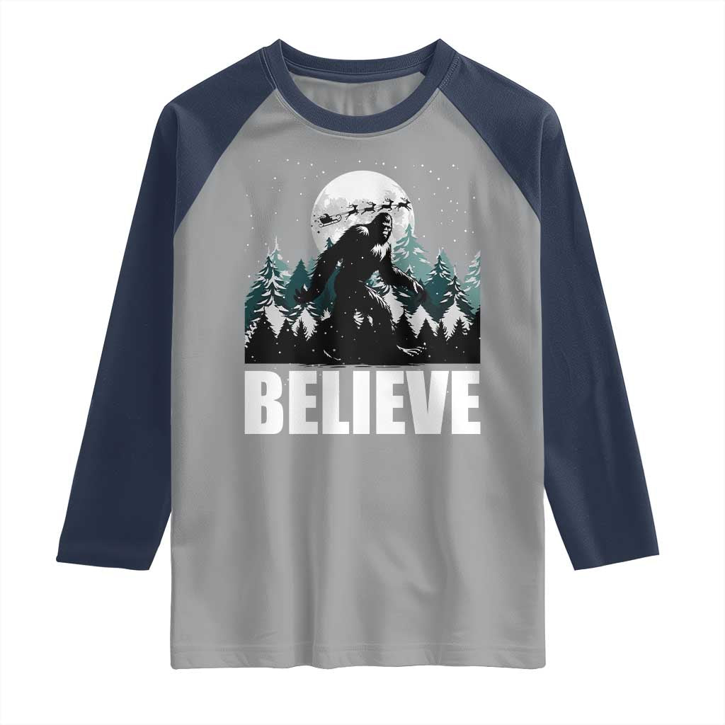 Funny Christmas Bigfoot Raglan Shirt Believe Santa Sasquatch Snow TS11 Sport Gray Navy Print Your Wear