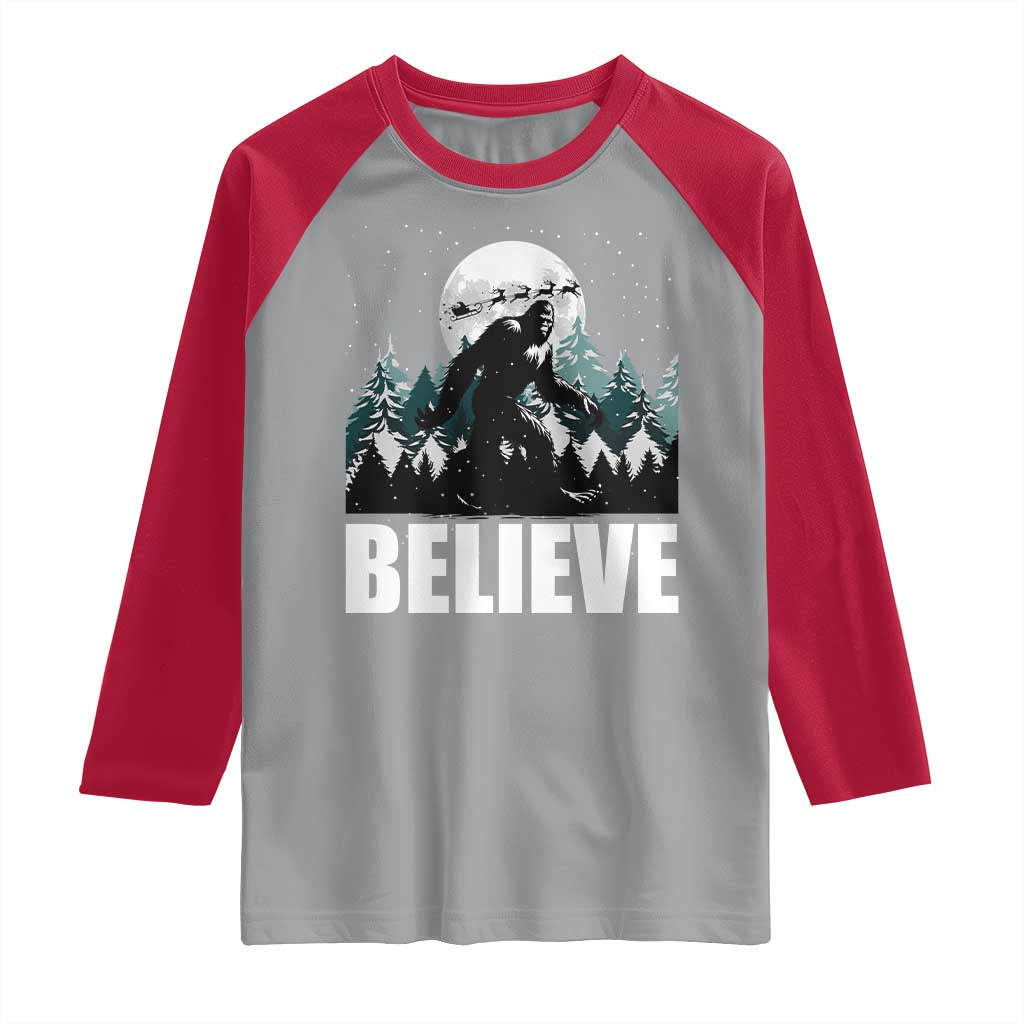 Funny Christmas Bigfoot Raglan Shirt Believe Santa Sasquatch Snow TS11 Sport Gray Red Print Your Wear
