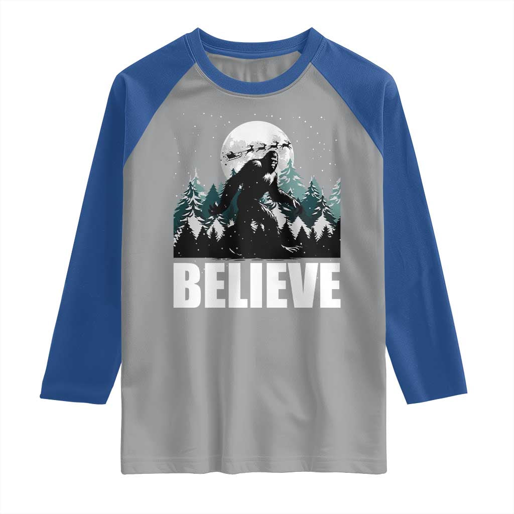 Funny Christmas Bigfoot Raglan Shirt Believe Santa Sasquatch Snow TS11 Sport Gray Royal Print Your Wear