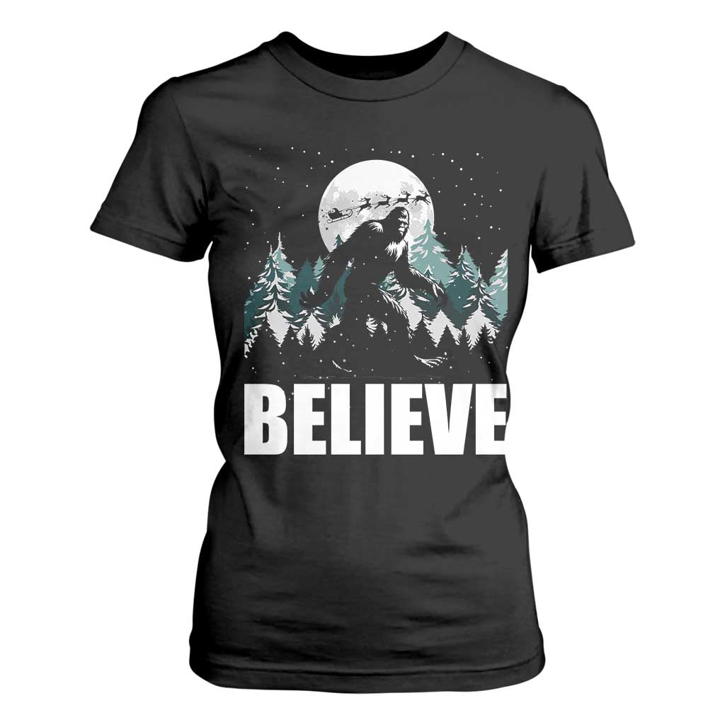 Funny Christmas Bigfoot T Shirt For Women Believe Santa Sasquatch Snow TS11 Black Print Your Wear