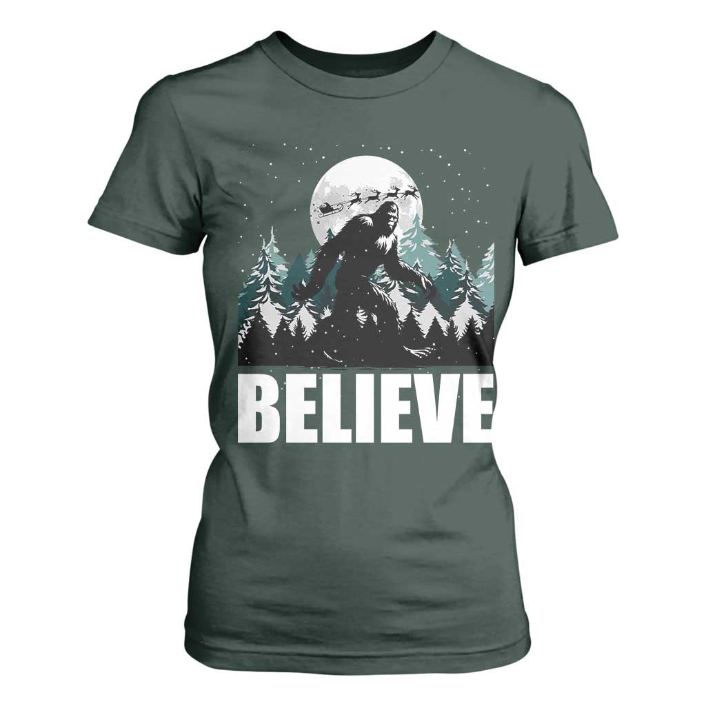 Funny Christmas Bigfoot T Shirt For Women Believe Santa Sasquatch Snow TS11 Dark Forest Green Print Your Wear