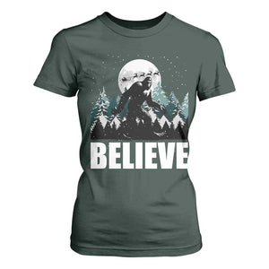Funny Christmas Bigfoot T Shirt For Women Believe Santa Sasquatch Snow TS11 Dark Forest Green Print Your Wear