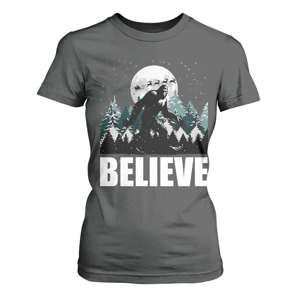 Funny Christmas Bigfoot T Shirt For Women Believe Santa Sasquatch Snow TS11 Dark Heather Print Your Wear