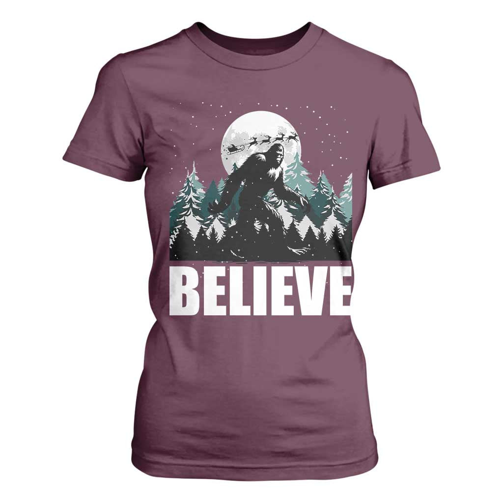Funny Christmas Bigfoot T Shirt For Women Believe Santa Sasquatch Snow TS11 Maroon Print Your Wear