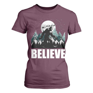 Funny Christmas Bigfoot T Shirt For Women Believe Santa Sasquatch Snow TS11 Maroon Print Your Wear