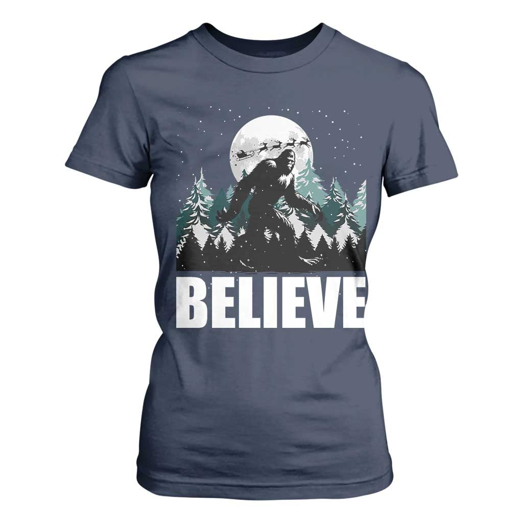 Funny Christmas Bigfoot T Shirt For Women Believe Santa Sasquatch Snow TS11 Navy Print Your Wear
