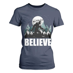 Funny Christmas Bigfoot T Shirt For Women Believe Santa Sasquatch Snow TS11 Navy Print Your Wear