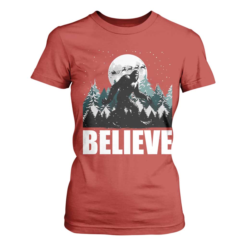 Funny Christmas Bigfoot T Shirt For Women Believe Santa Sasquatch Snow TS11 Red Print Your Wear