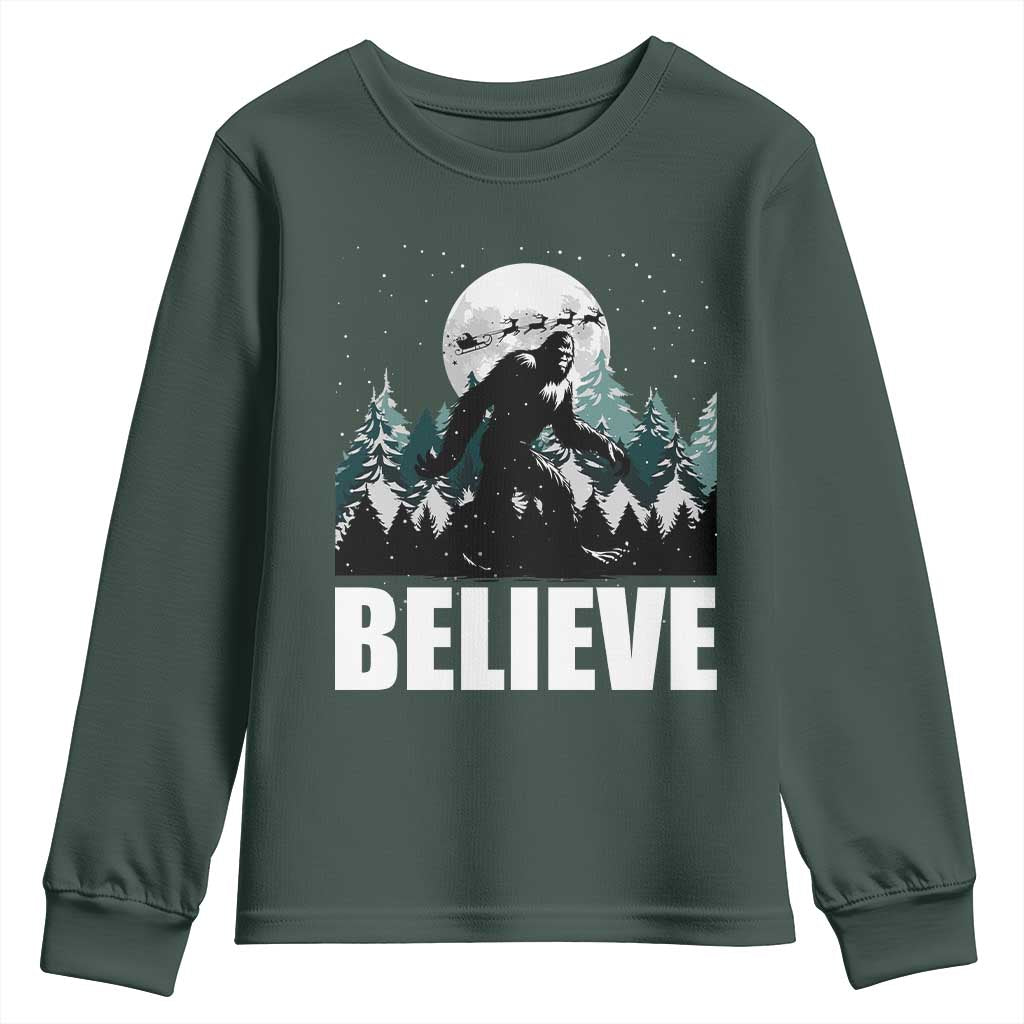 Funny Christmas Bigfoot Youth Sweatshirt Believe Santa Sasquatch Snow TS11 Dark Forest Green Print Your Wear