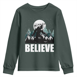 Funny Christmas Bigfoot Youth Sweatshirt Believe Santa Sasquatch Snow TS11 Dark Forest Green Print Your Wear