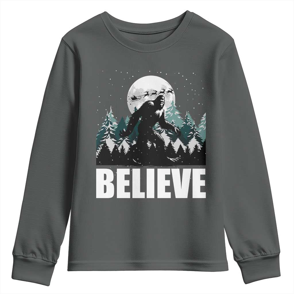 Funny Christmas Bigfoot Youth Sweatshirt Believe Santa Sasquatch Snow TS11 Dark Heather Print Your Wear