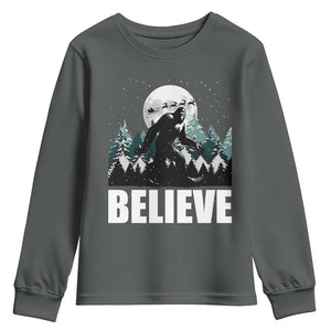 Funny Christmas Bigfoot Youth Sweatshirt Believe Santa Sasquatch Snow TS11 Dark Heather Print Your Wear
