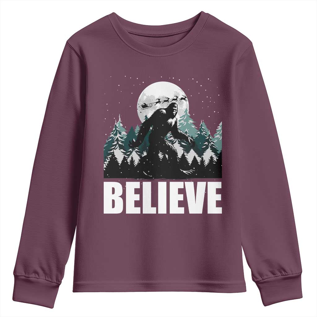 Funny Christmas Bigfoot Youth Sweatshirt Believe Santa Sasquatch Snow TS11 Maroon Print Your Wear