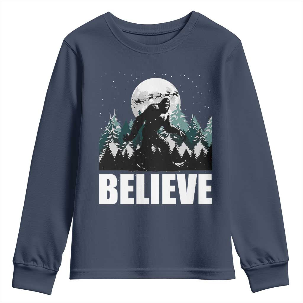 Funny Christmas Bigfoot Youth Sweatshirt Believe Santa Sasquatch Snow TS11 Navy Print Your Wear