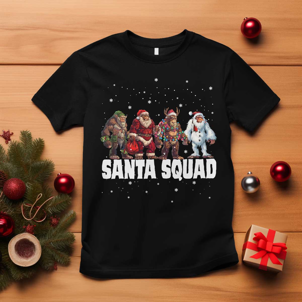 Funny Christmas Bigfoot T Shirt Santa Squad Sasquatch Cosplay Elf Santa Snowman TS11 Black Print Your Wear