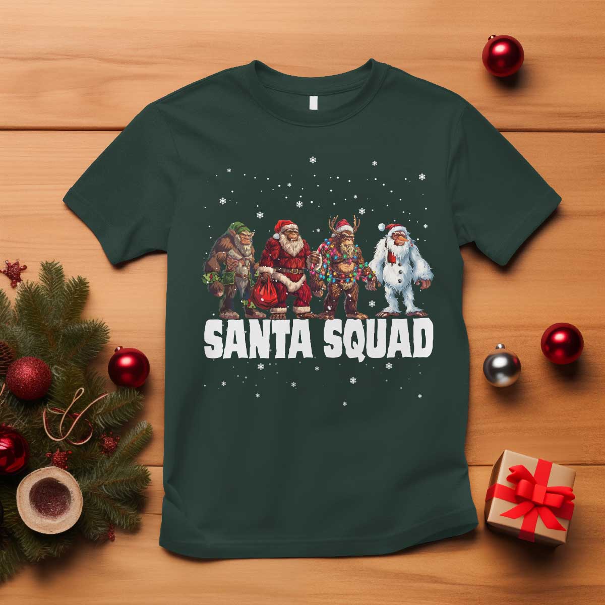 Funny Christmas Bigfoot T Shirt Santa Squad Sasquatch Cosplay Elf Santa Snowman TS11 Dark Forest Green Print Your Wear