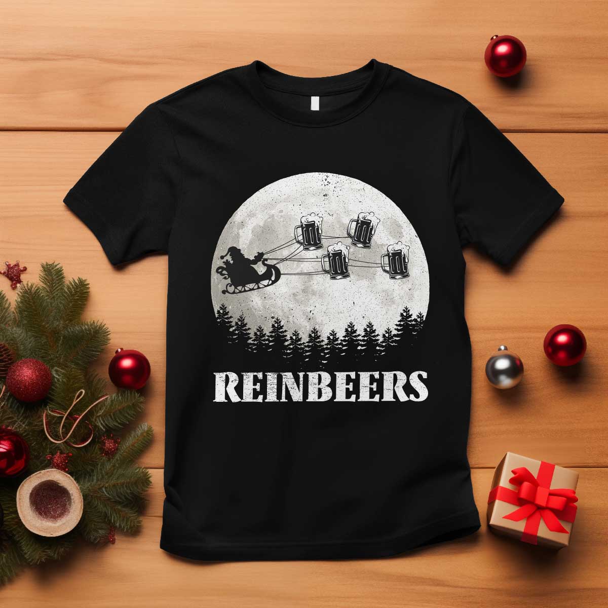 Funny Christmas Beers T Shirt Reinbeers Santa Sleigh Moon TS11 Black Print Your Wear