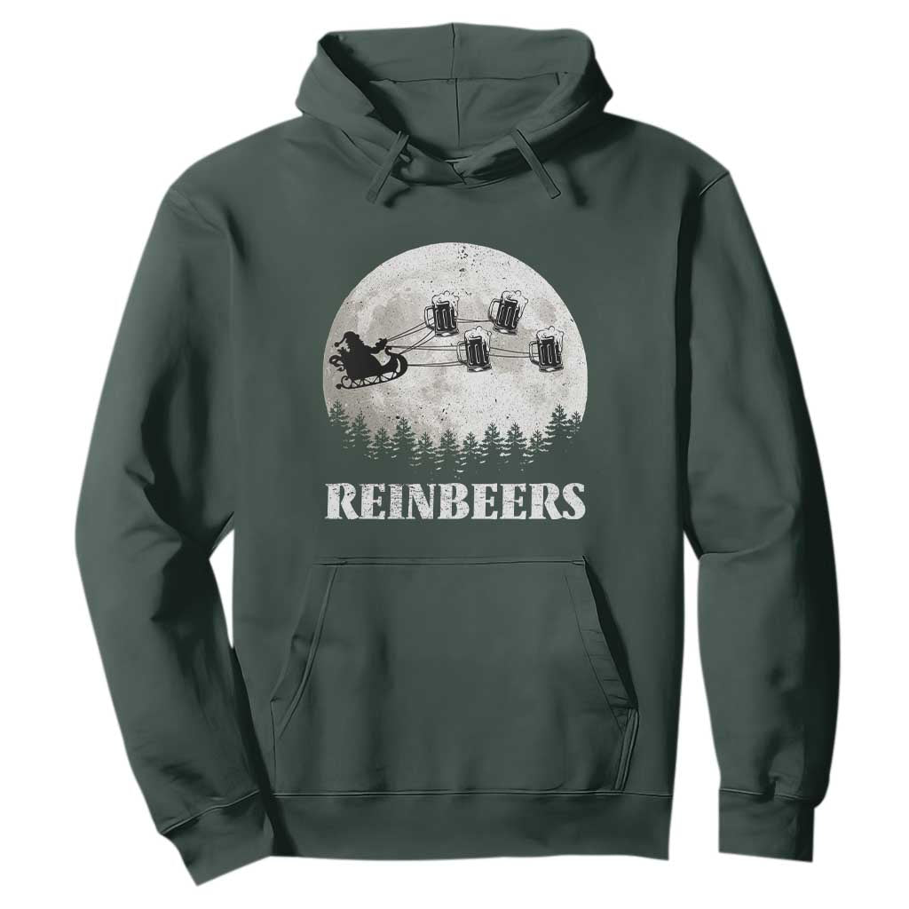 Funny Christmas Beers Hoodie Reinbeers Santa Sleigh Moon TS11 Dark Forest Green Print Your Wear