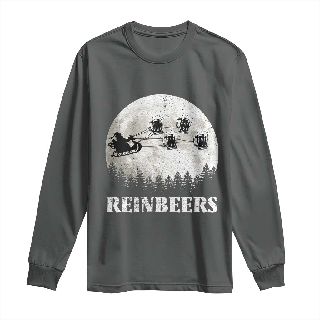 Funny Christmas Beers Long Sleeve Shirt Reinbeers Santa Sleigh Moon TS11 Dark Heather Print Your Wear