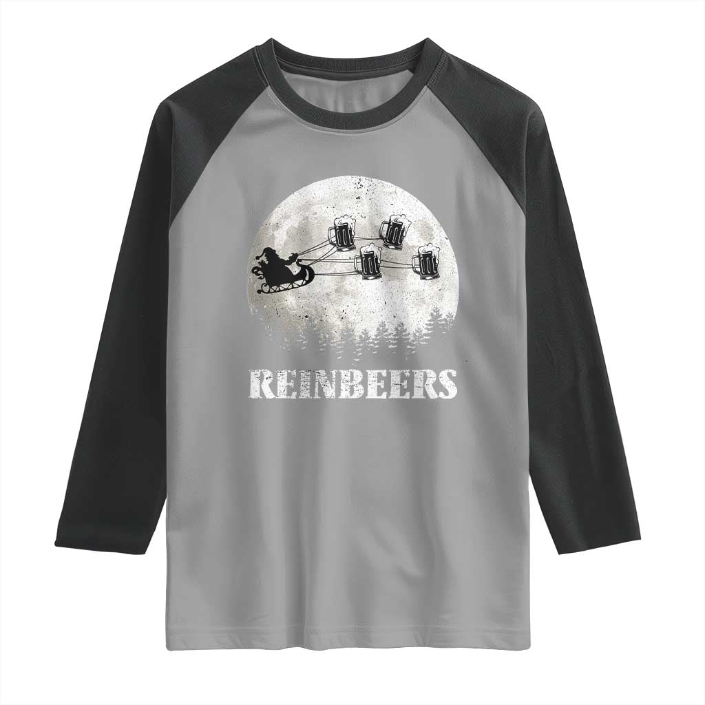 Funny Christmas Beers Raglan Shirt Reinbeers Santa Sleigh Moon TS11 Sport Gray Black Print Your Wear