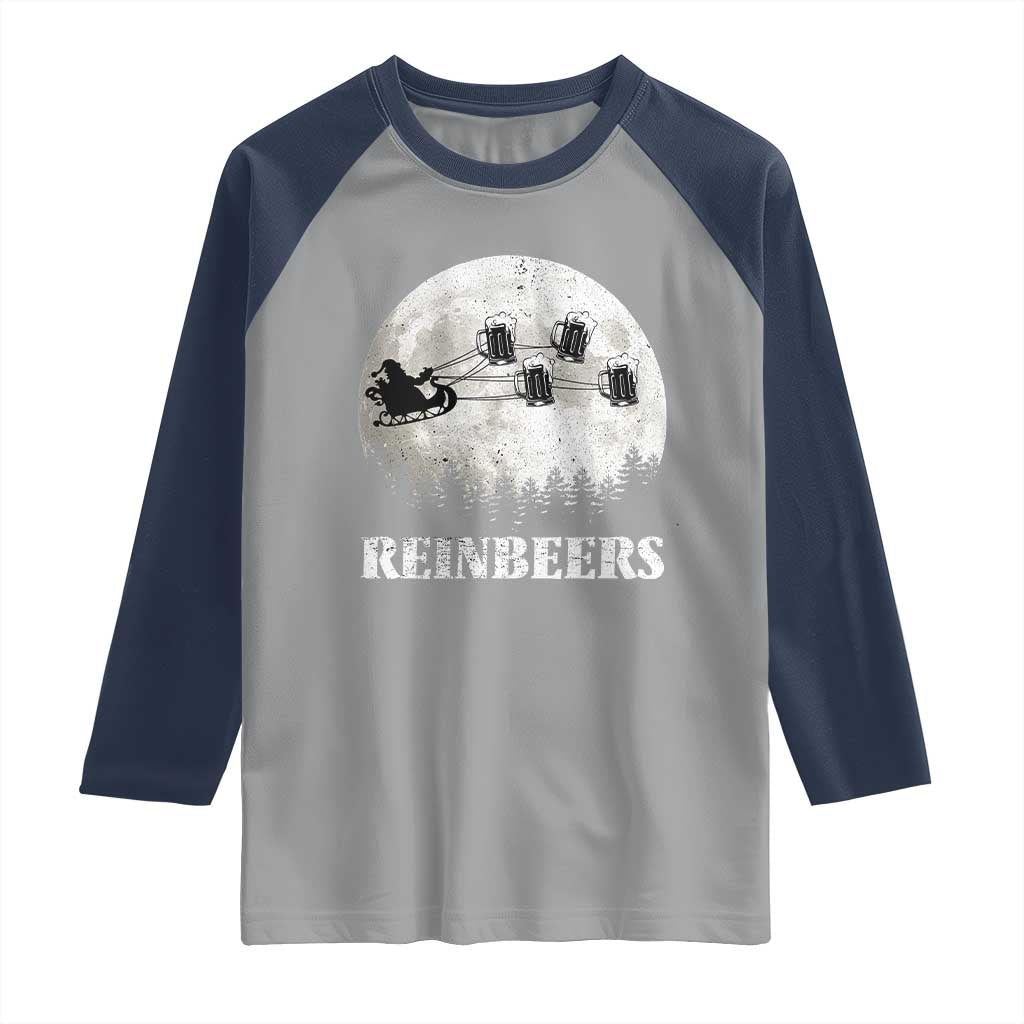 Funny Christmas Beers Raglan Shirt Reinbeers Santa Sleigh Moon TS11 Sport Gray Navy Print Your Wear