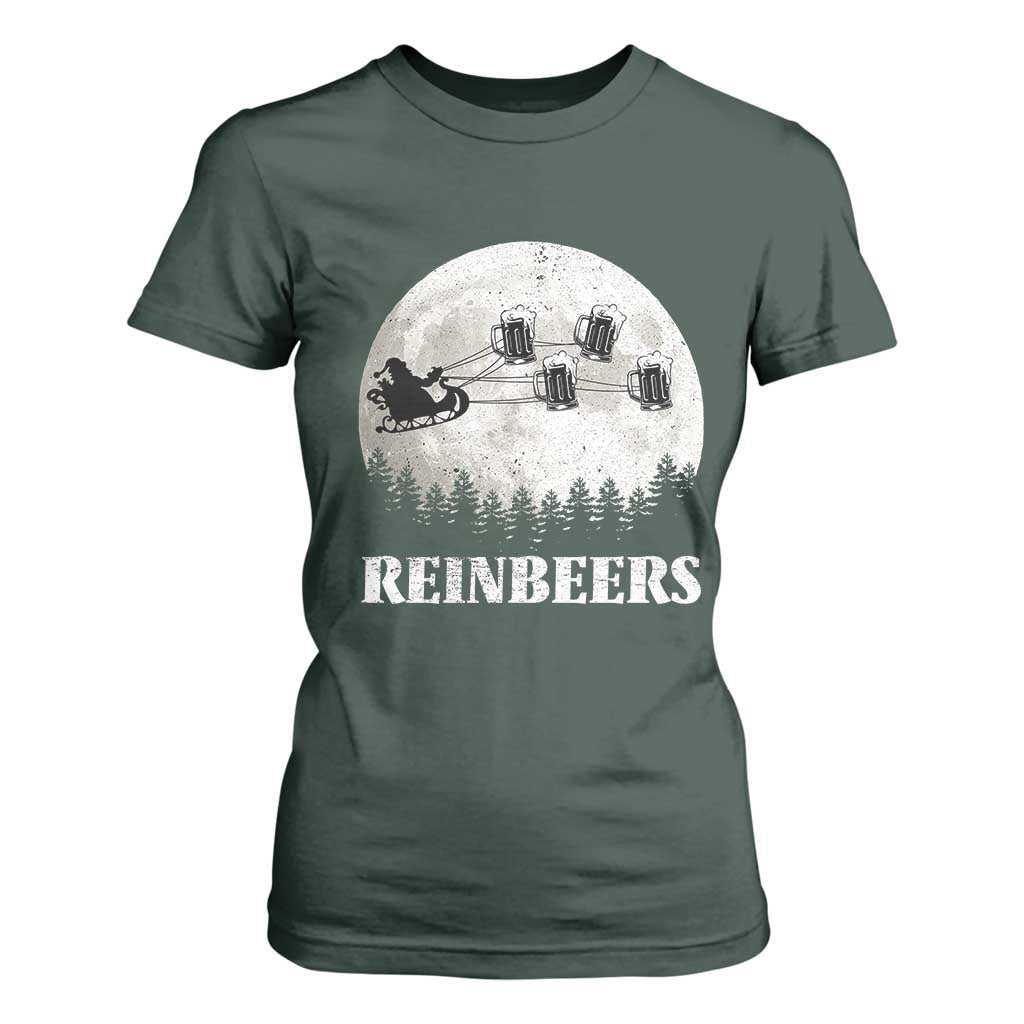 Funny Christmas Beers T Shirt For Women Reinbeers Santa Sleigh Moon TS11 Dark Forest Green Print Your Wear